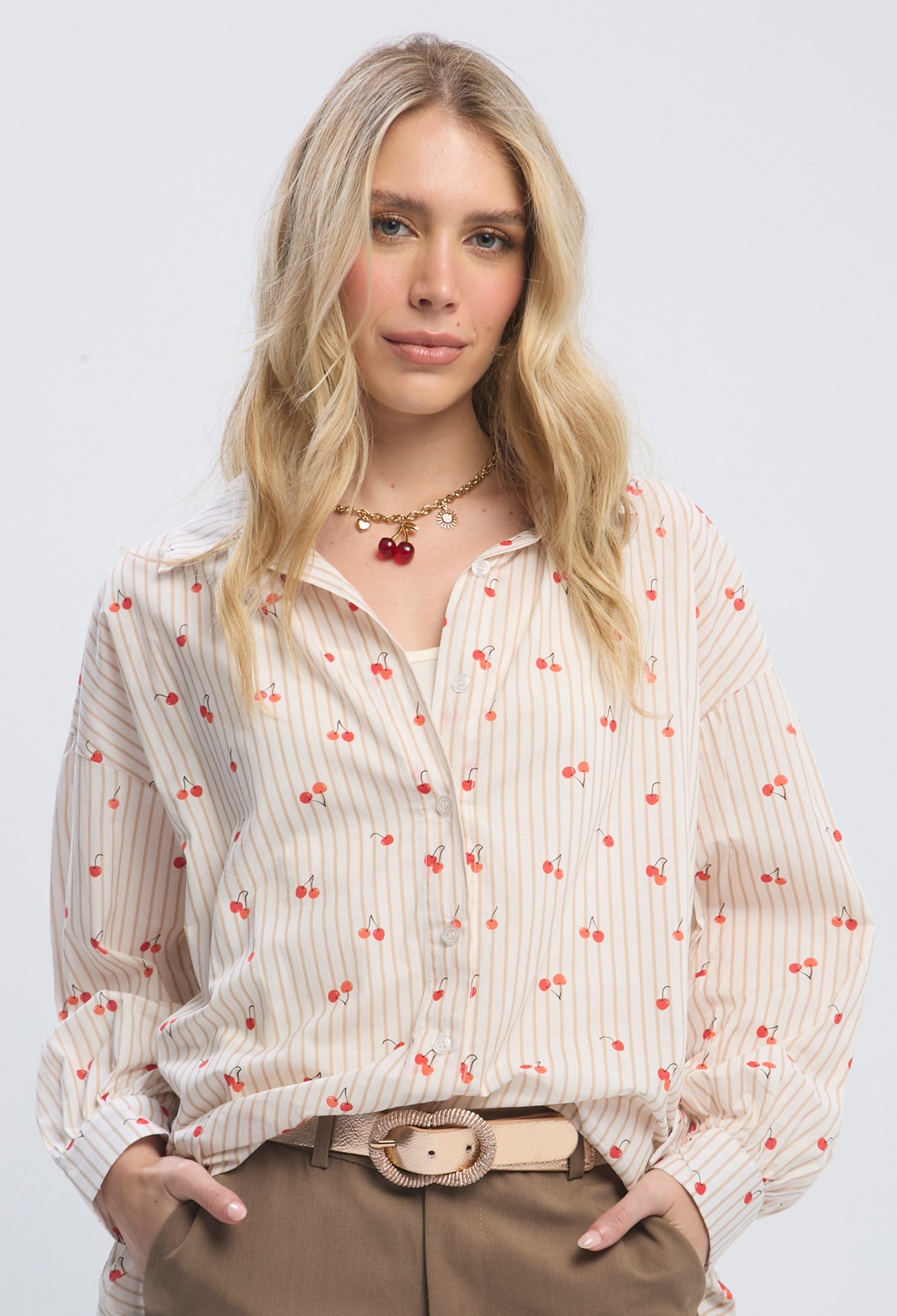 Camisa Rayas y Cerezas Mujer - SALE - BYBLA U / BEIGES BLUSA