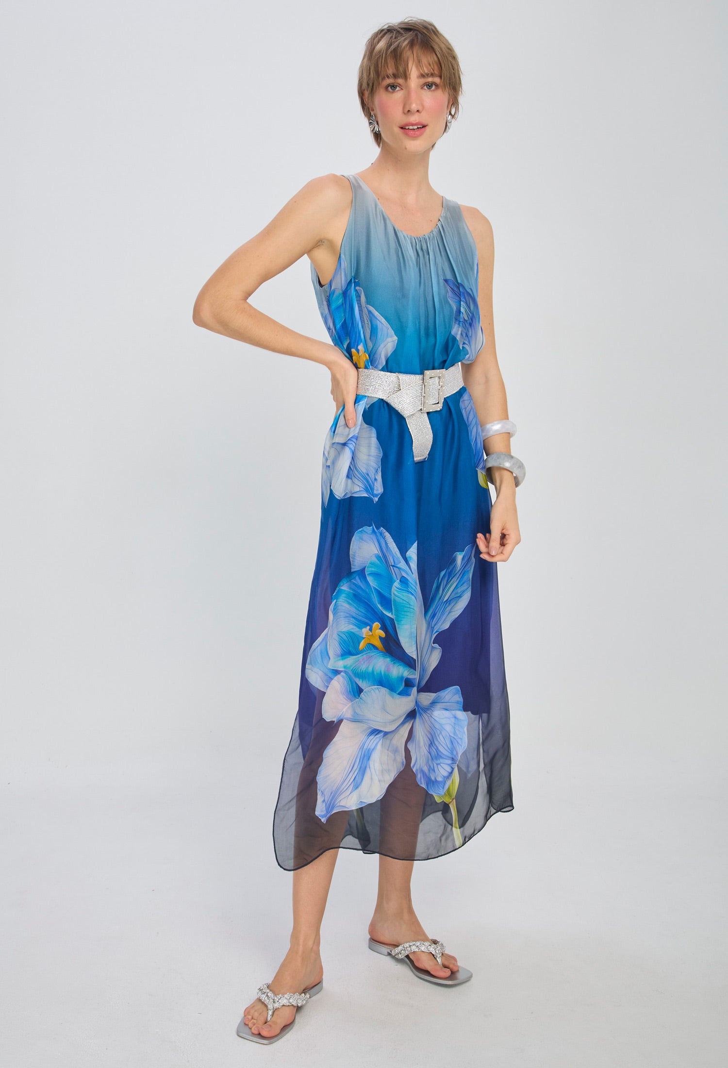 Vestido Seda Flores Mujer NEW - BYBLA U / AZULES VESTIDO LARGO