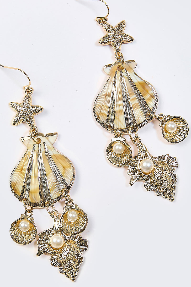 Aretes Colgantes Estrella Concha Perla Dorados