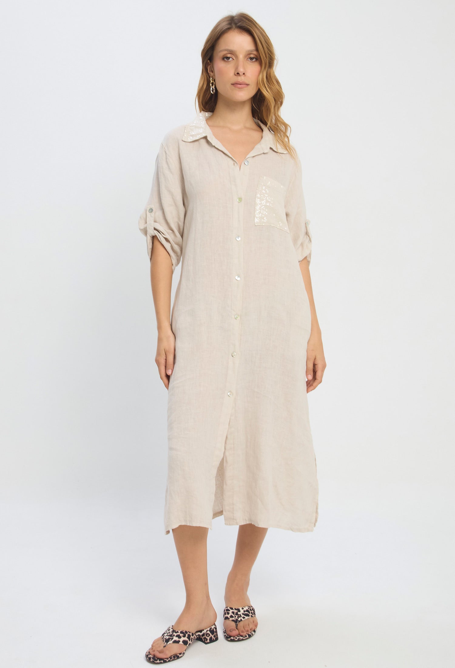 Vestido Midi Lino Lentejuelas - SALE