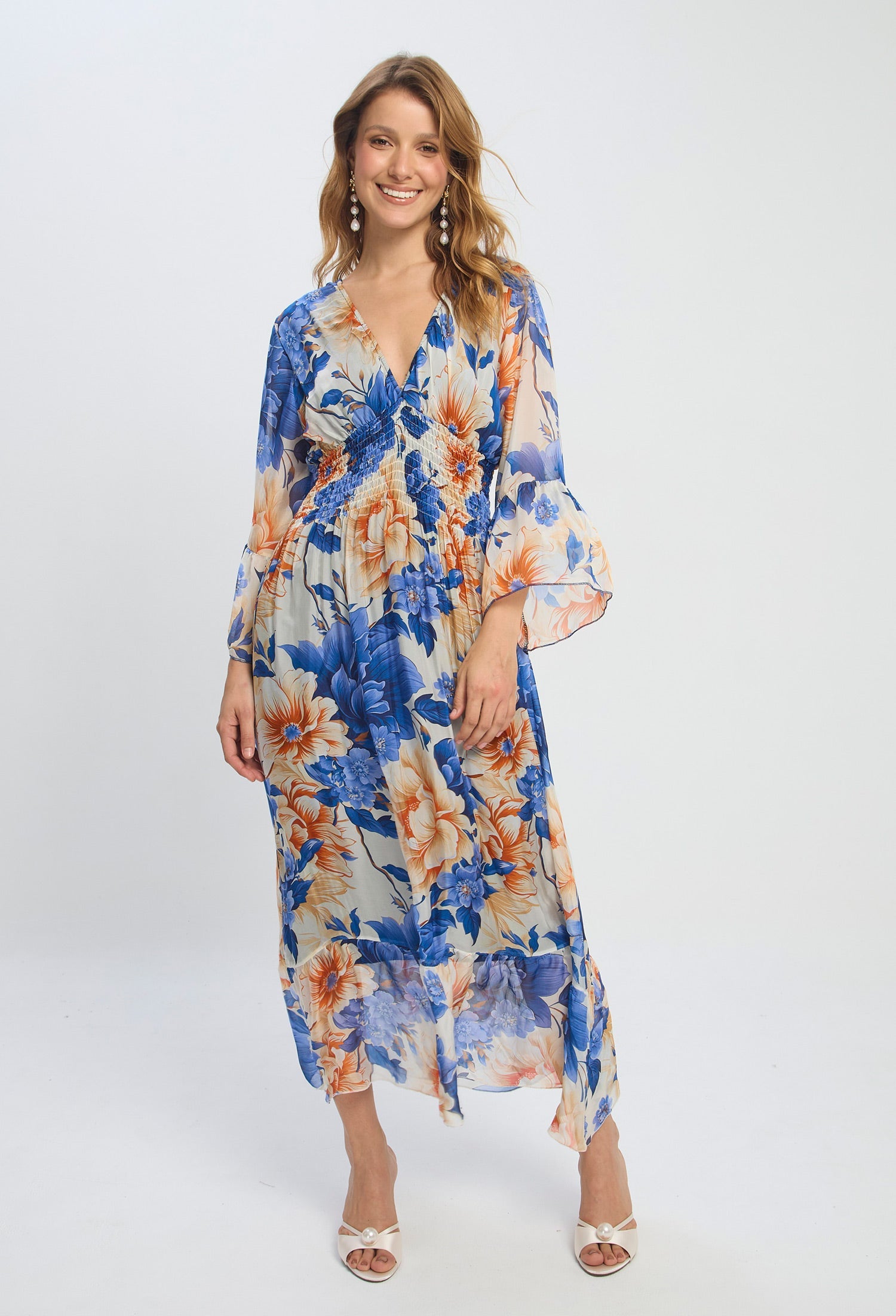 Vestido Midi Seda Flores