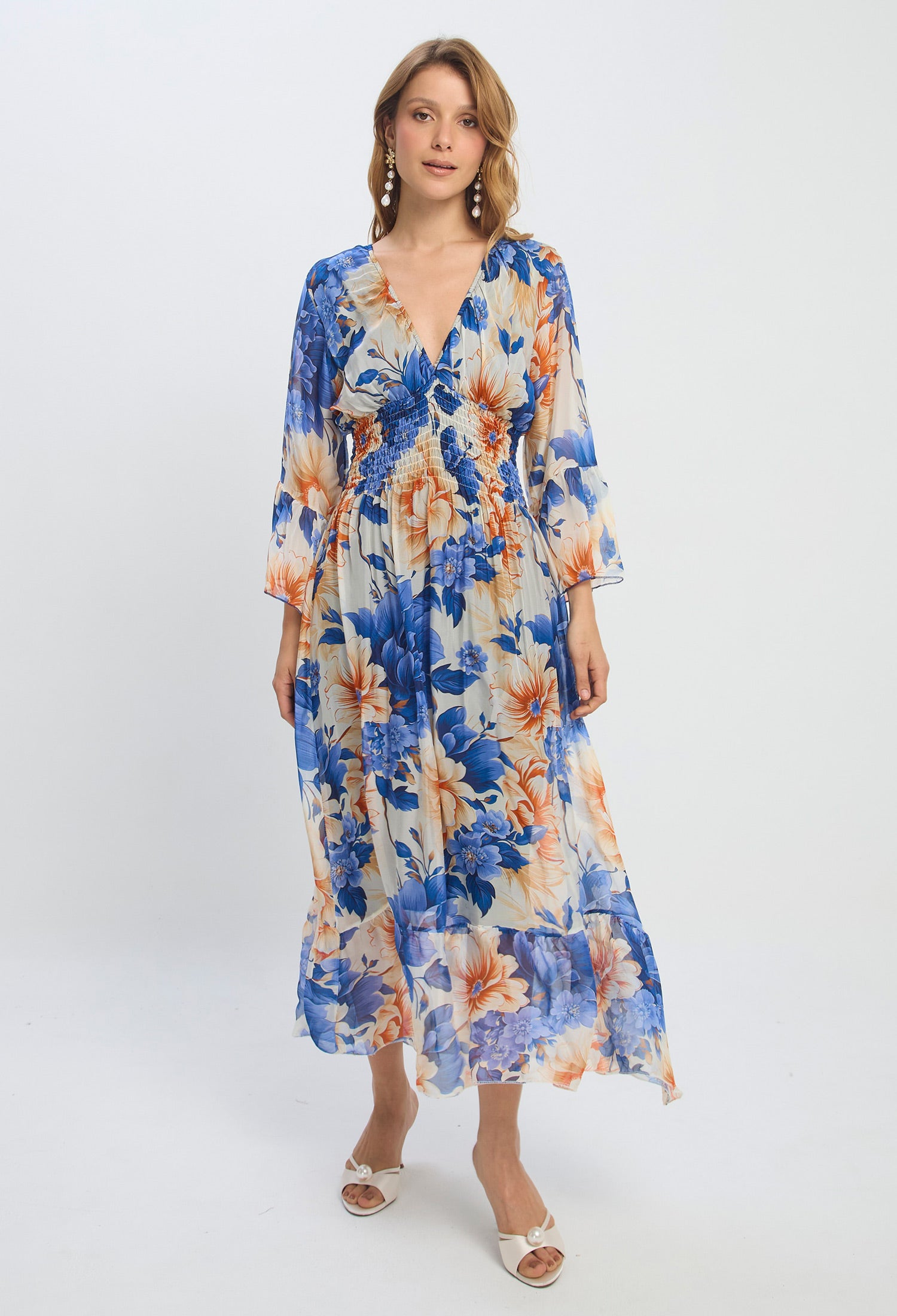 Vestido Midi Seda Flores