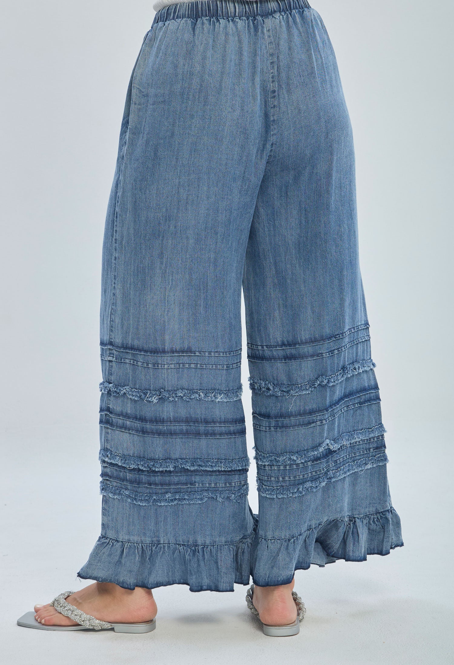 Wide leg denim pants with ruffle hem and frayed detail, women's fashion