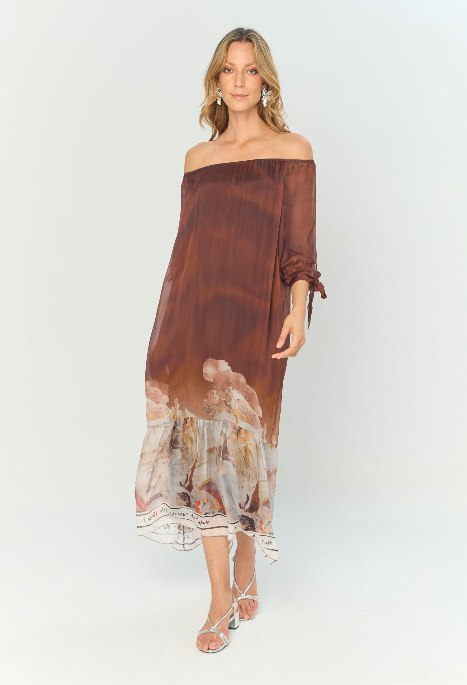 Vestido Midi Seda Estampado Flores