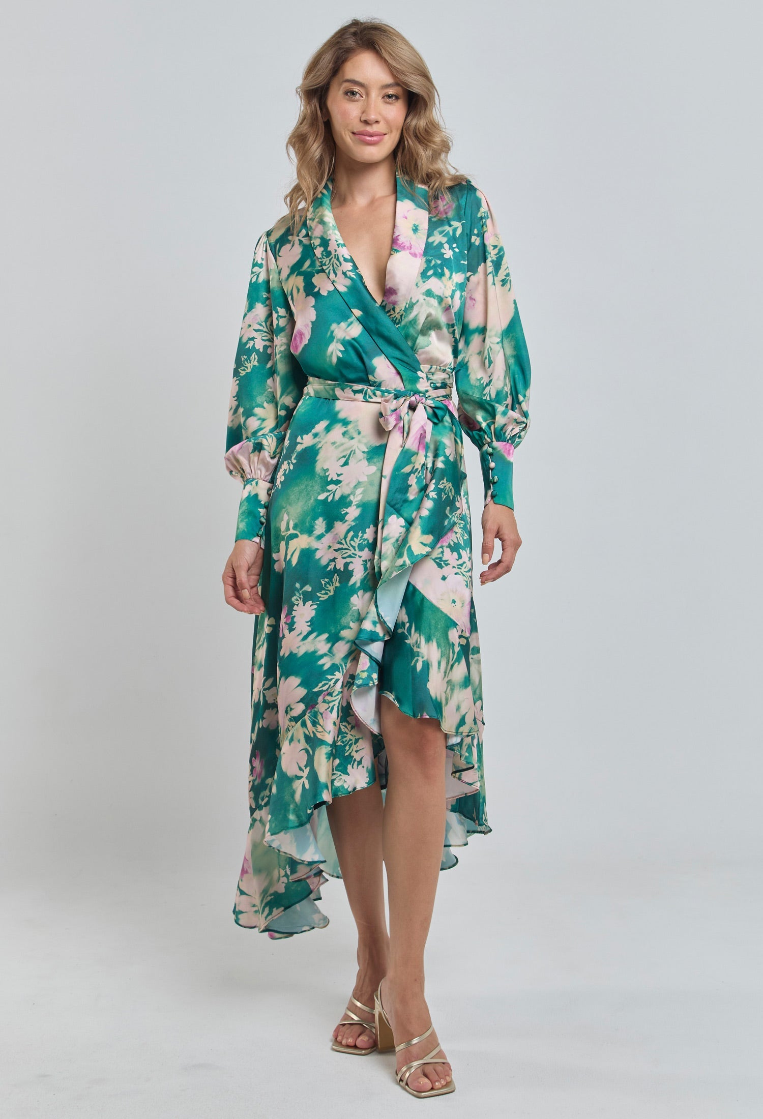 Vestido Largo Satín Flores - SALE