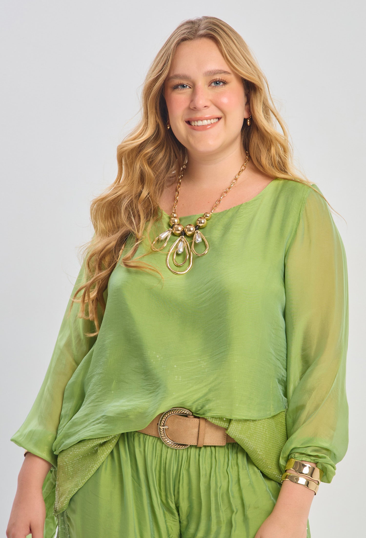 Blusa Seda Lentejuelas Mujer - BYBLA U / VERDES BLUSA