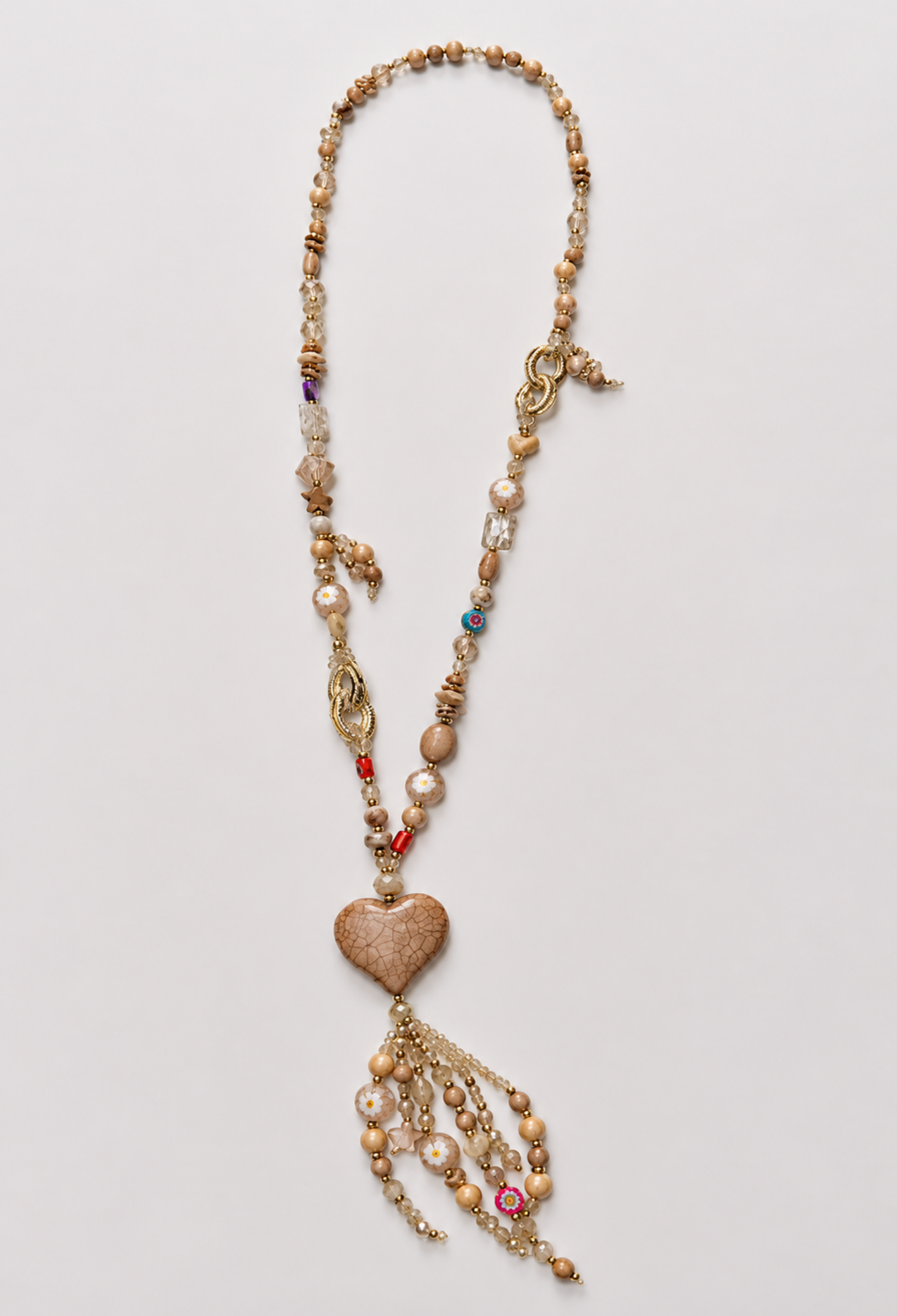 Collar Largo Corazón Craquelado Camel