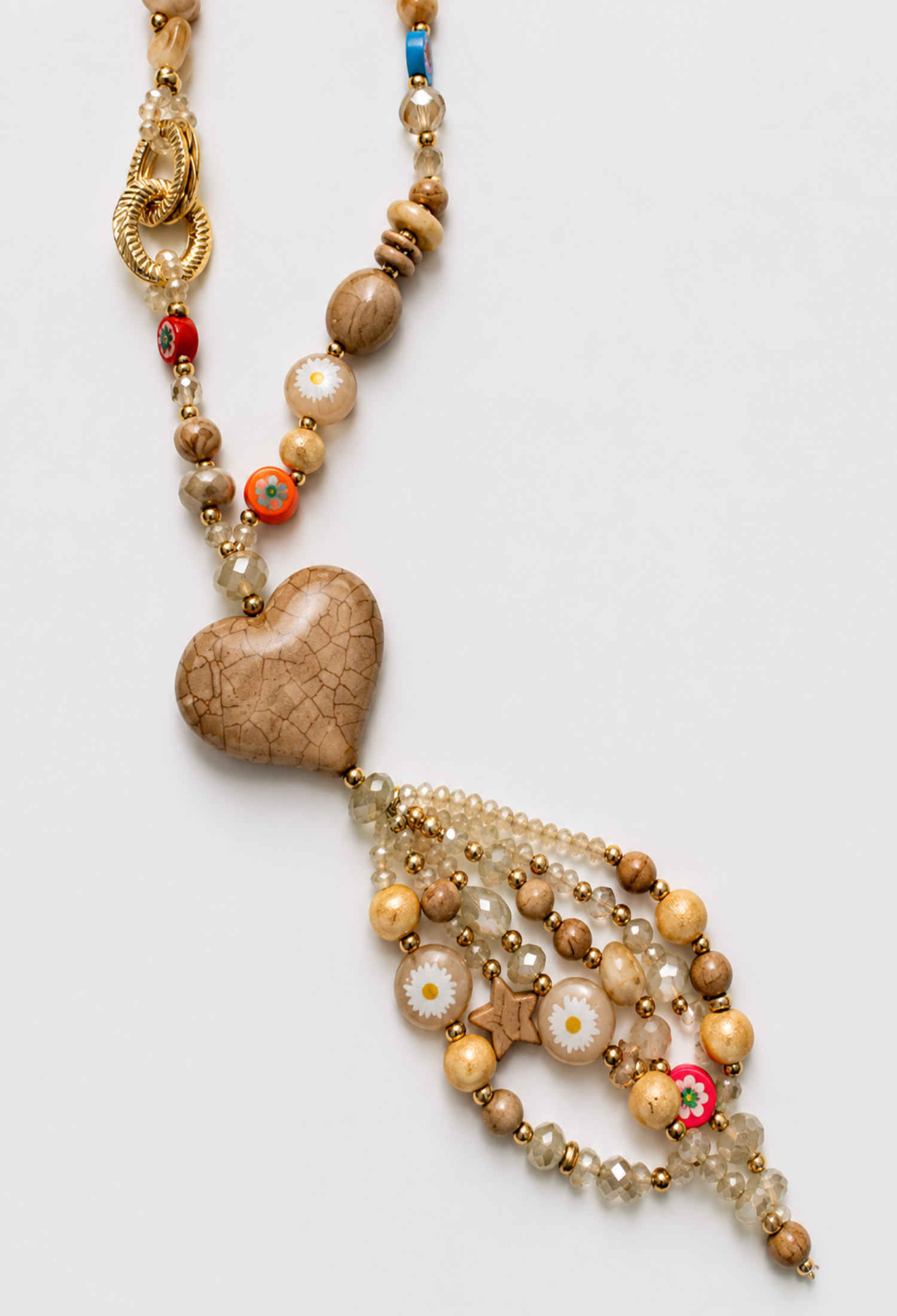 Collar Largo Corazón Craquelado Camel