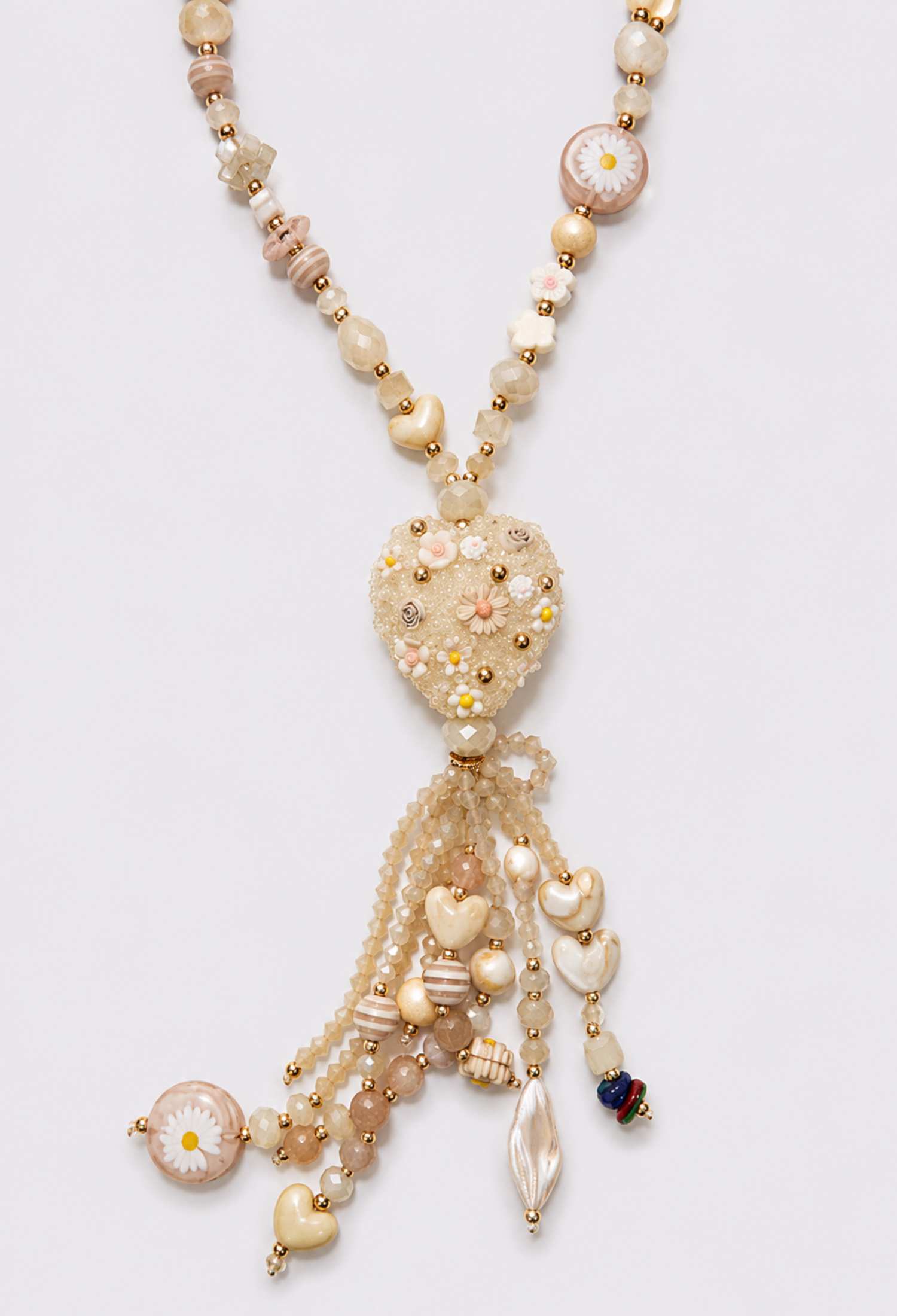 Collar Largo Lariat Crema Corazón