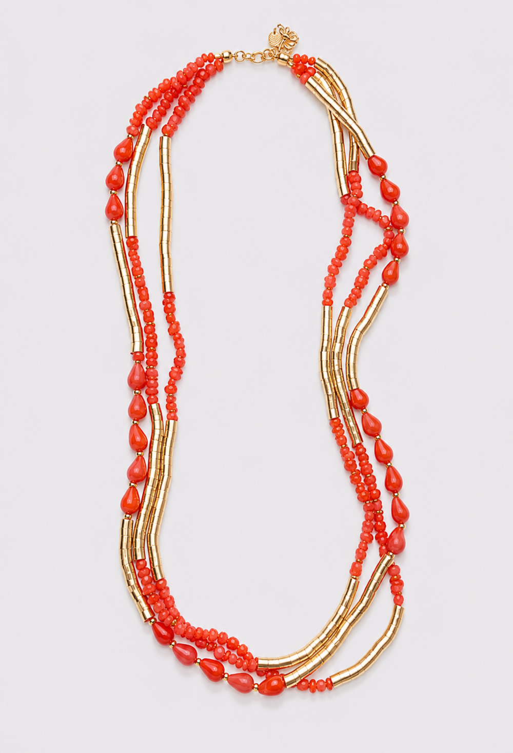 Collar Multicapa Coral Tubos Dorados Gotas