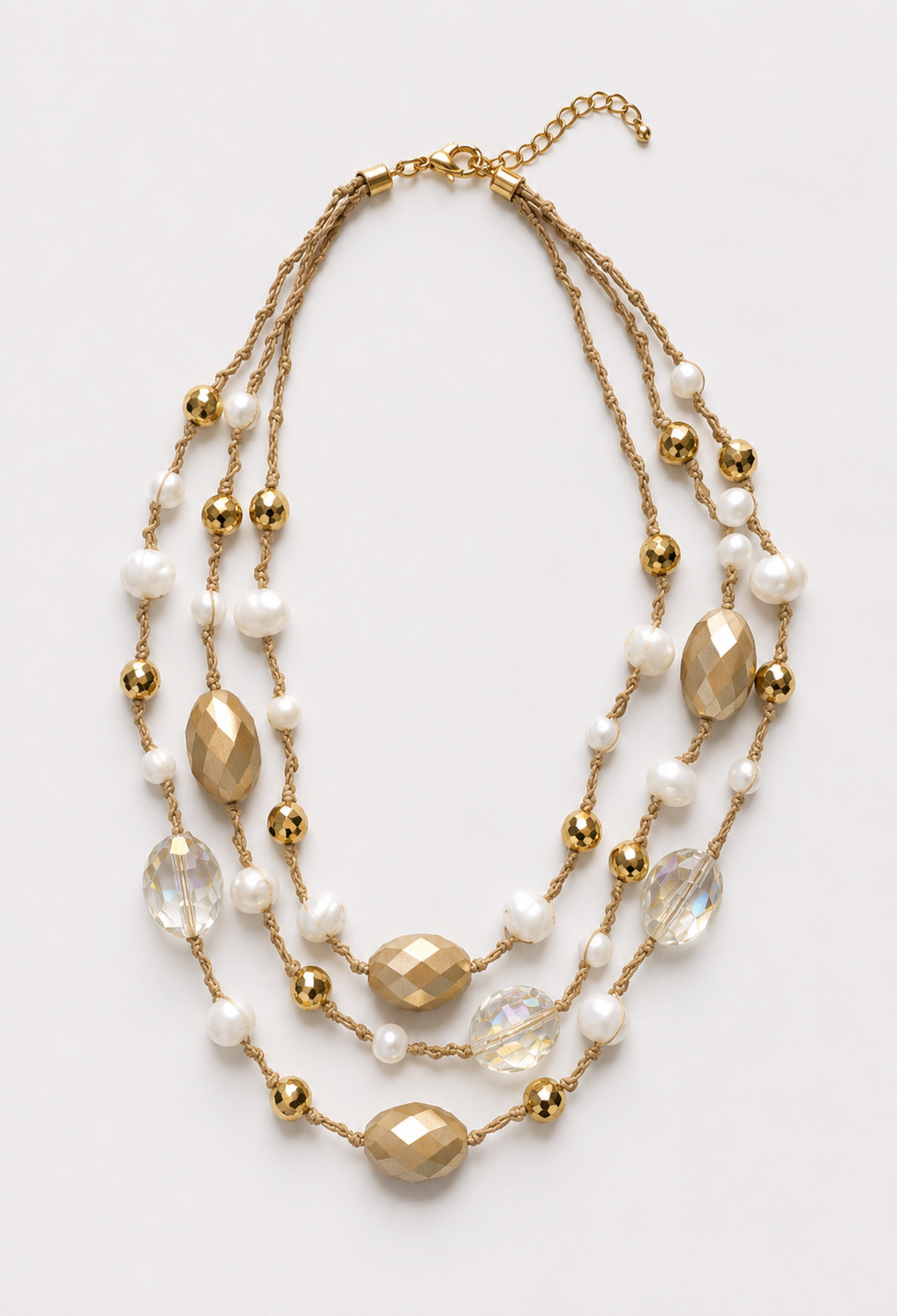 Collar Tres Hileras Dorado Perla y Cristal