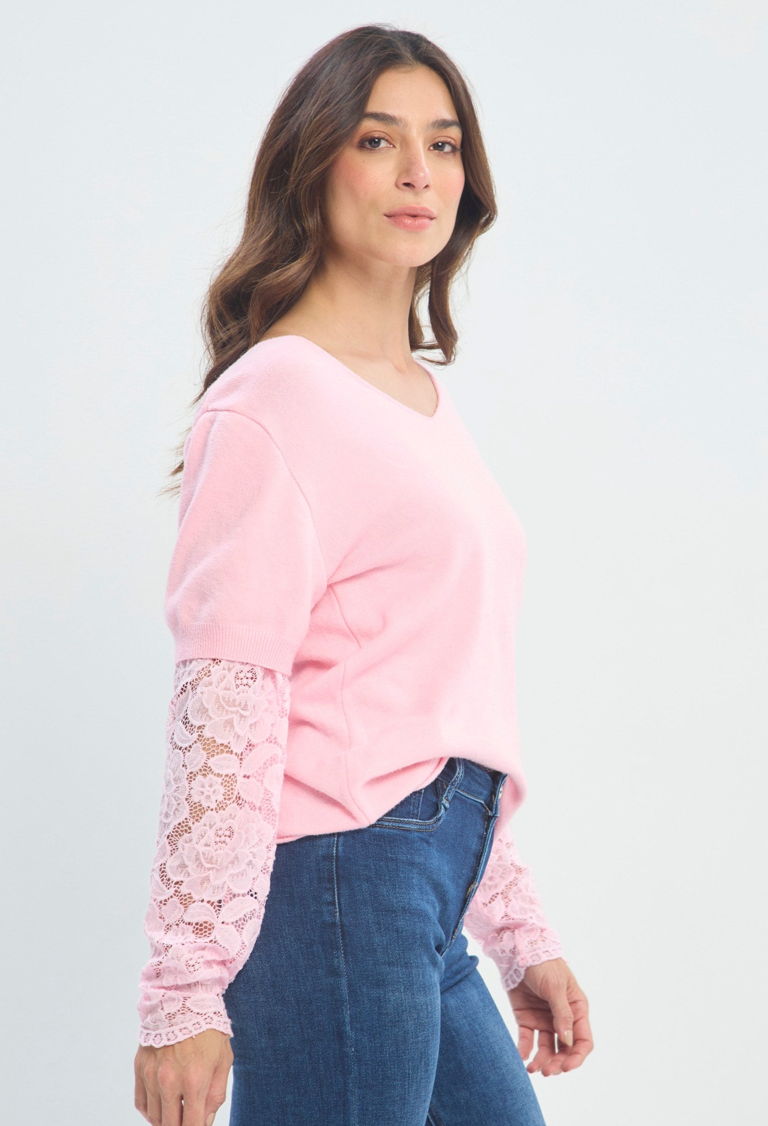 Blusa Cuello V Puños De Encaje rosa pastel sale BYBLA