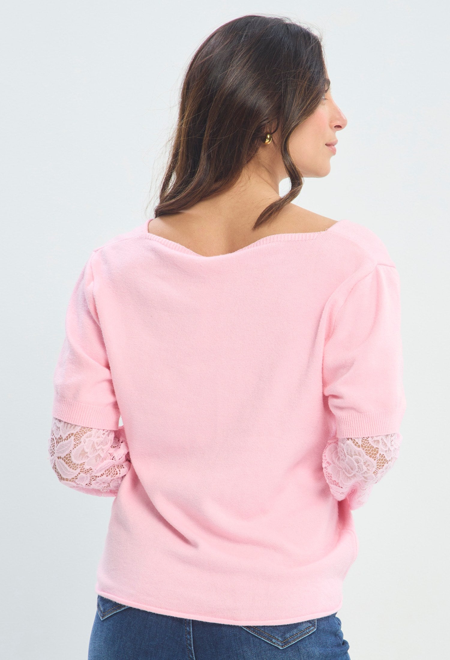 Blusa Cuello V Puños De Encaje rosa pastel sale BYBLA