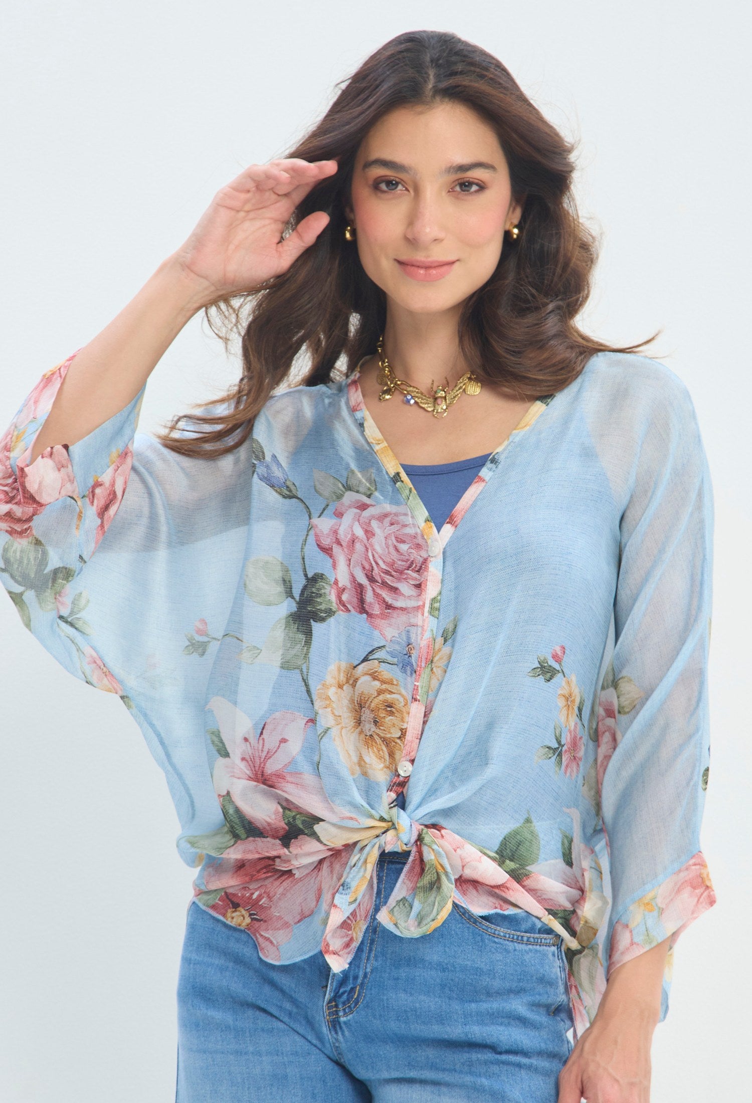 Blusa Floral Kimono Anudada celeste floral BYBLA