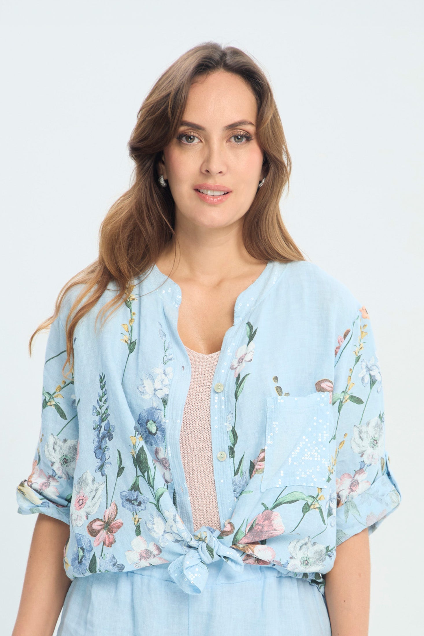 Blusa Lino Floral con Lentejuelas NEW