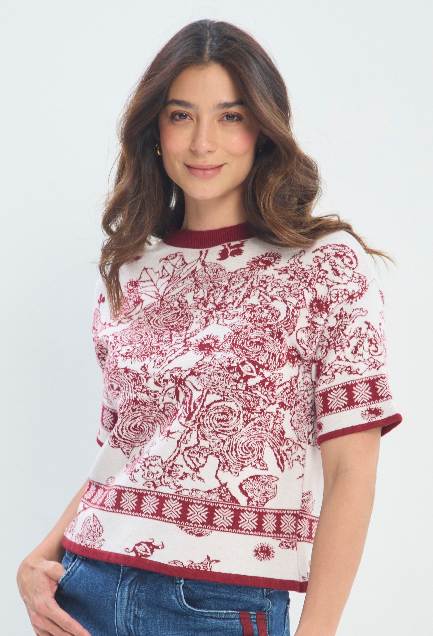 Blusa Punto Jacquard Barroco vinotinto sale BYBLA