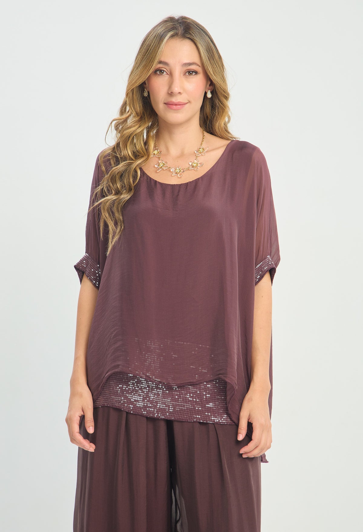 Blusa Seda Manga Corta Lentejuelas Uva BYBLA