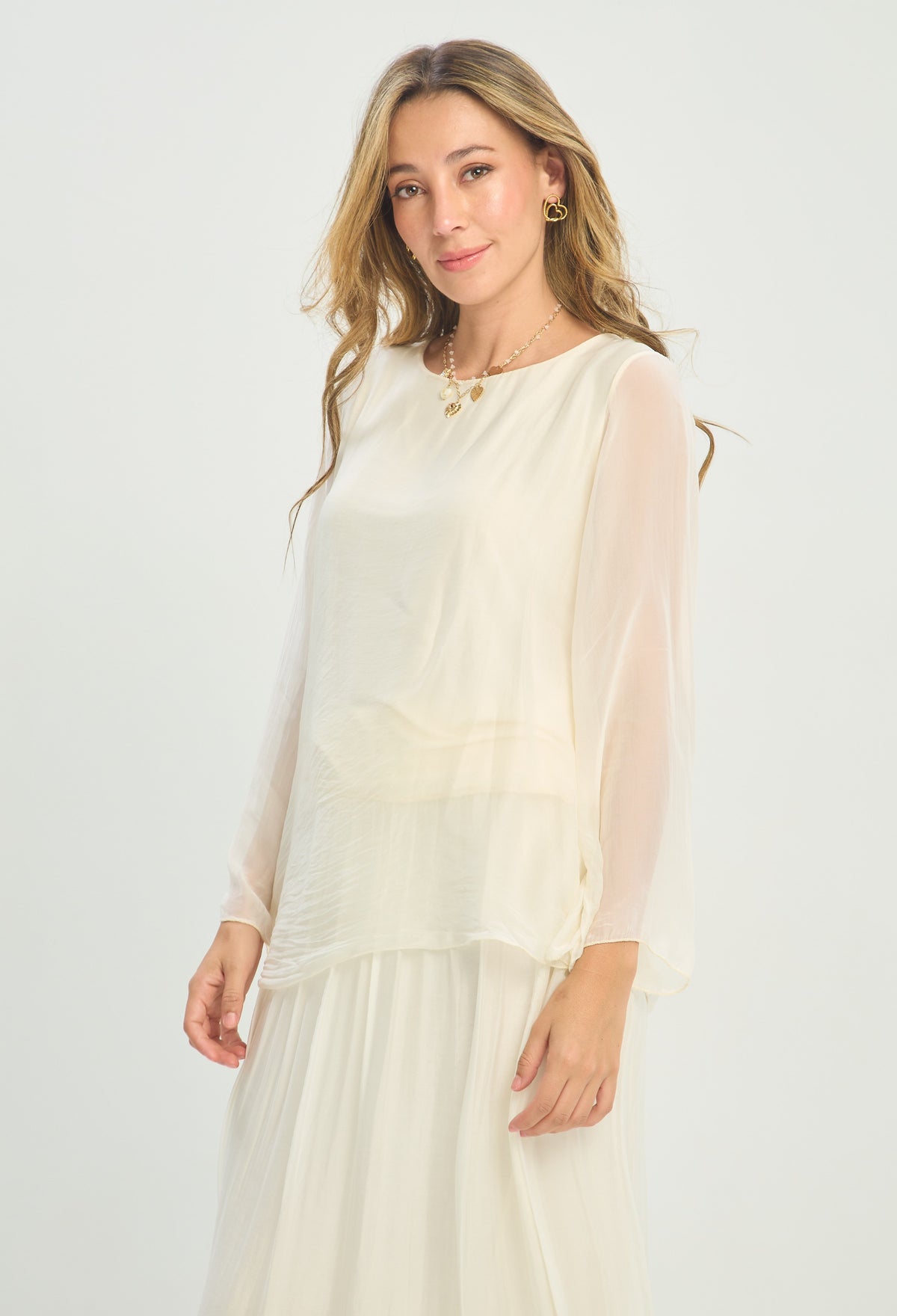 Blusa Seda Manga Larga Transparente Marfil BYBLA