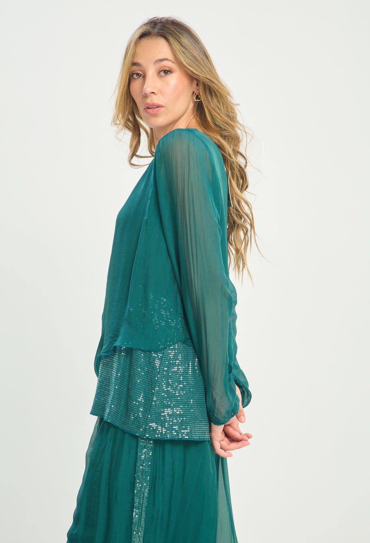 Blusa Seda Manga Larga Lentejuelas Verde Esmeralda BYBLA - vista 2