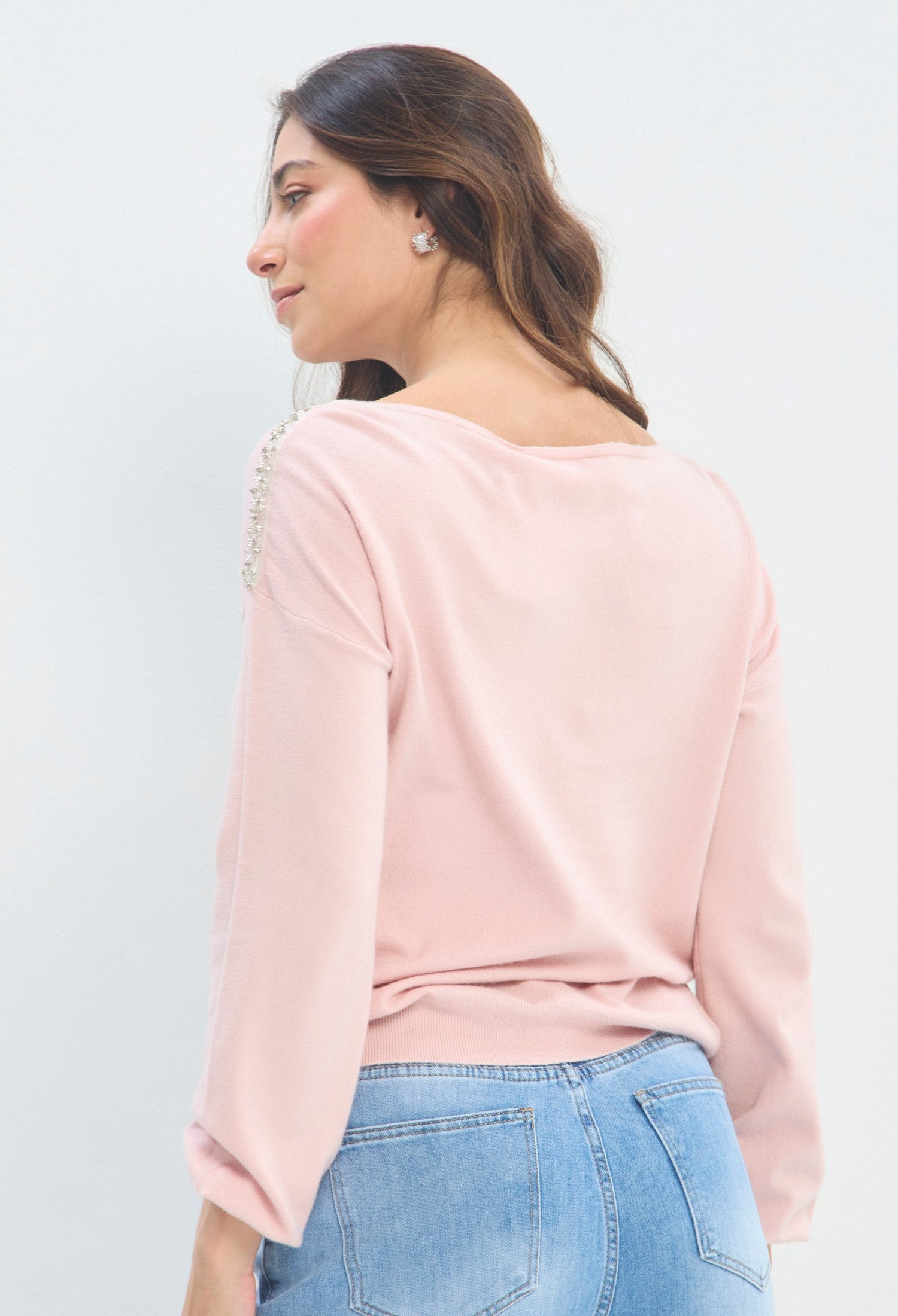 Blusa Tejida Cuello Con Pedrería rosa palo sale BYBLA - vista 3