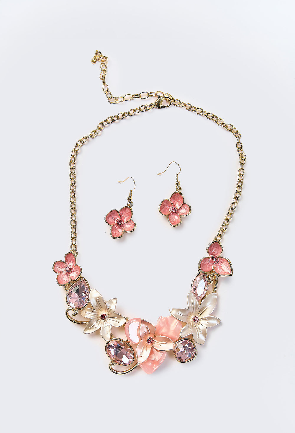 Set Collar & Aretes Flor Cristal Rosa