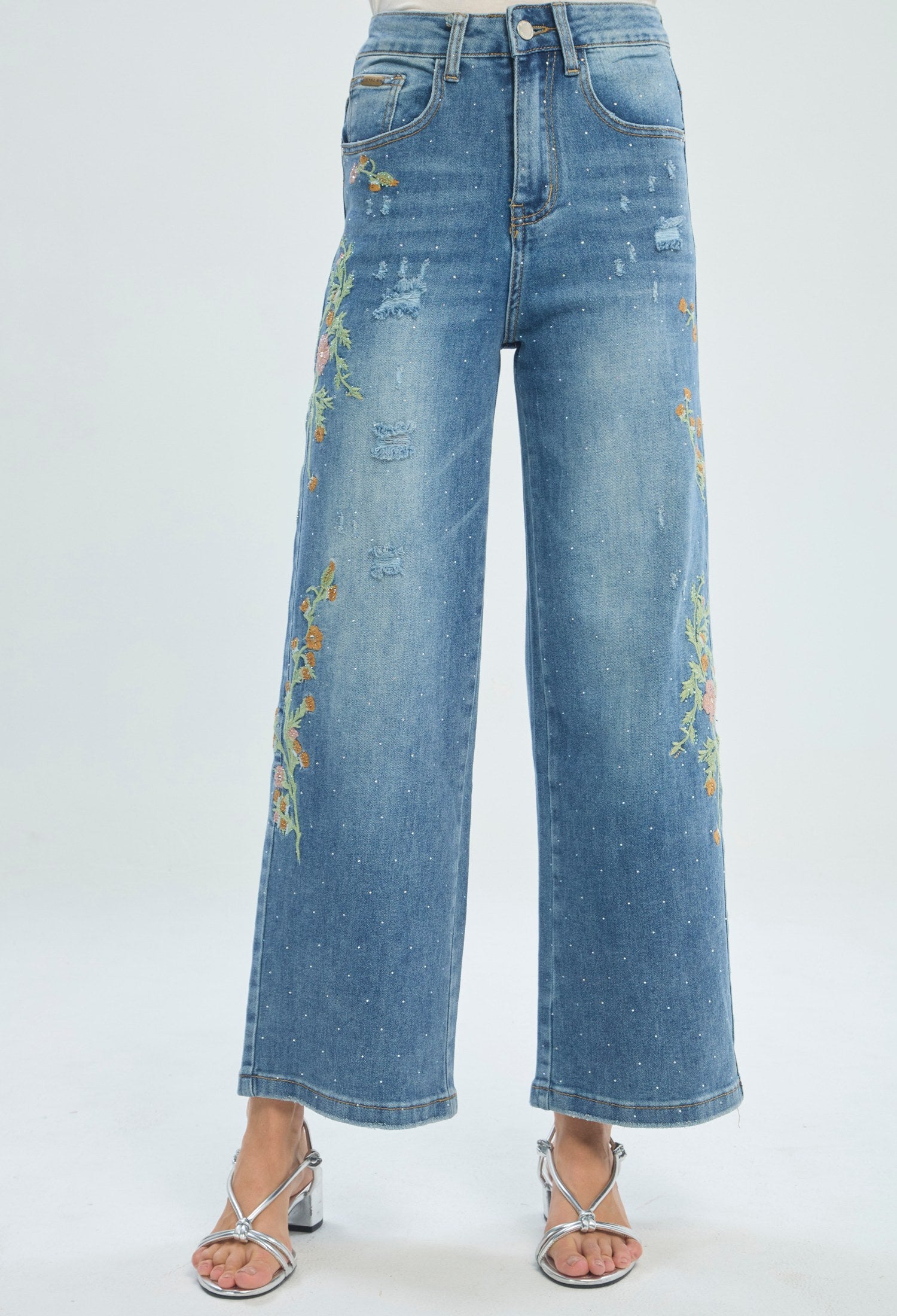 Jean wide leg azul con bordado de flores en los laterales - vista 3