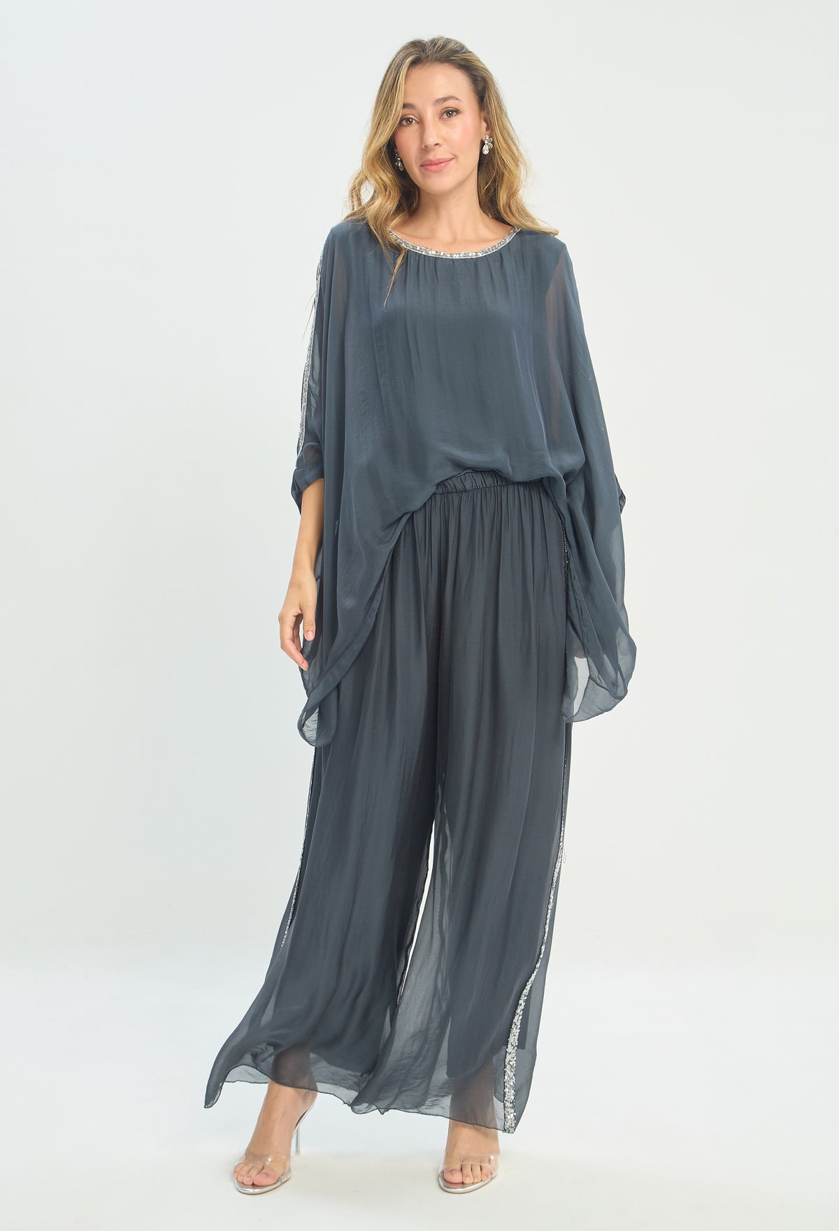 Pantalón Ancho de Seda Cintura Elástica gris grafito BYBLA