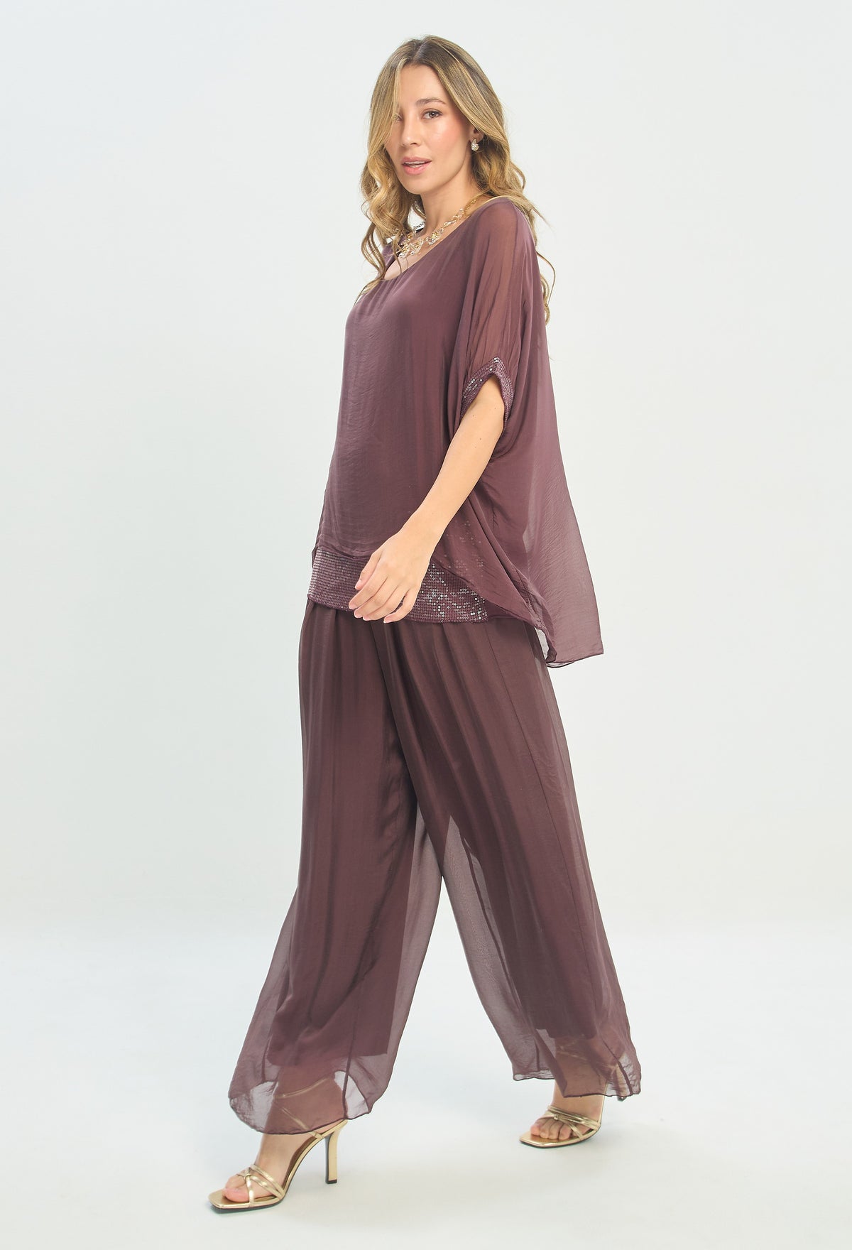 Pantalón Ancho de Seda Cintura Elástica uva BYBLA