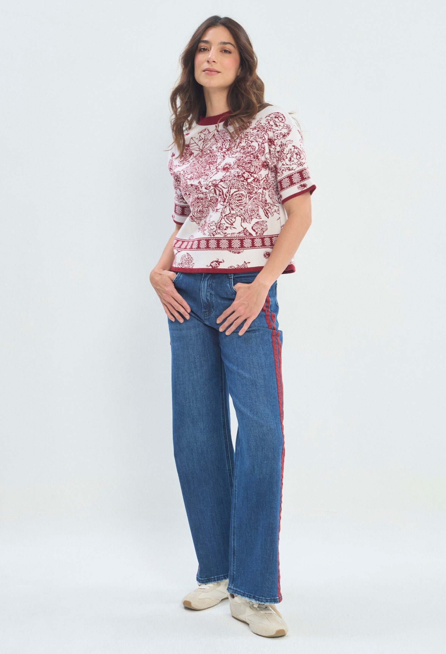 Pantalón Ancho Franja Lateral azul denim medio sale BYBLA