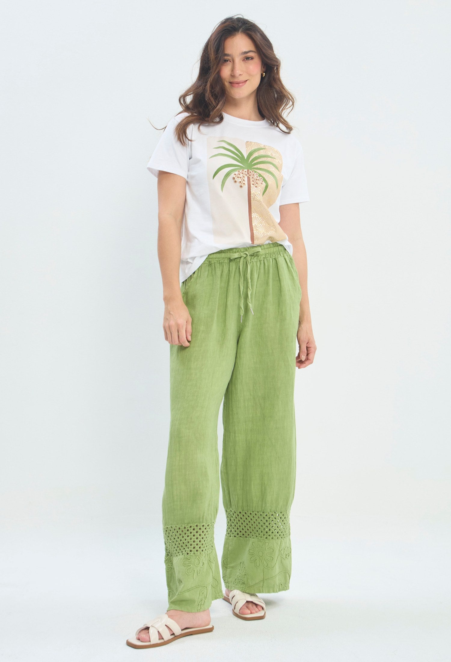Pantalón Ancho Lino Calado verde manzana BYBLA - vista 6