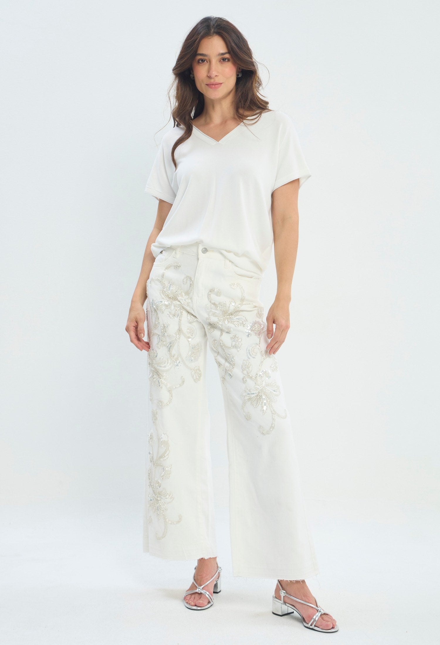 Pantalón Dril Bordado Perlas blanco BYBLA