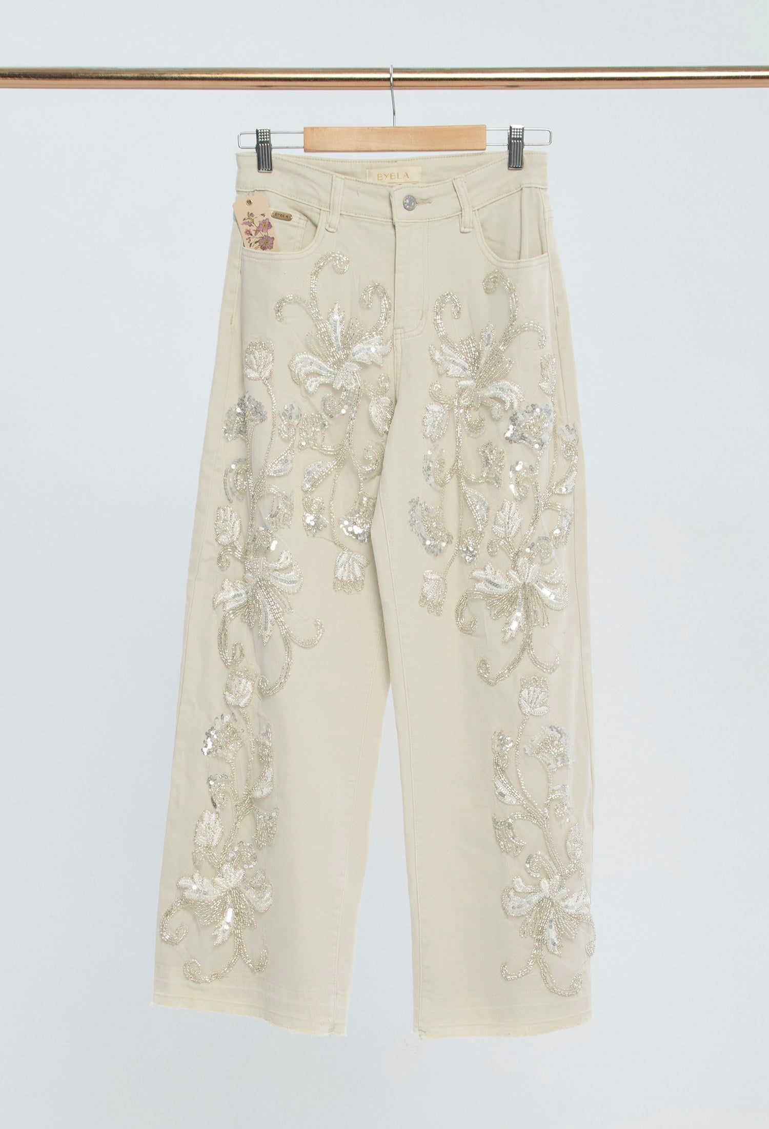 Pantalón Dril Bordado Perlas crudo BYBLA