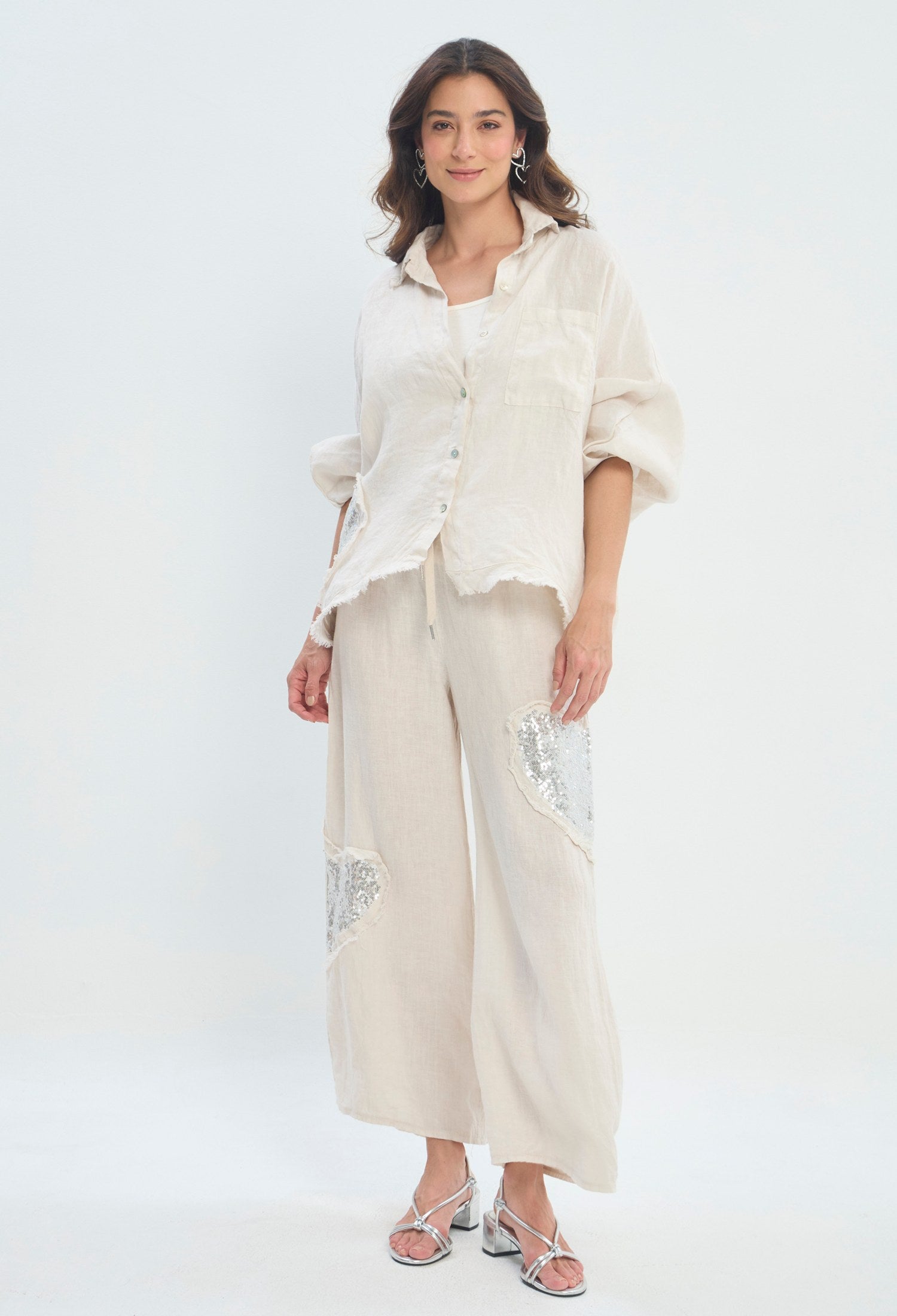 Pantalón Lino Ancho Corazón beige natural BYBLA - vista 7