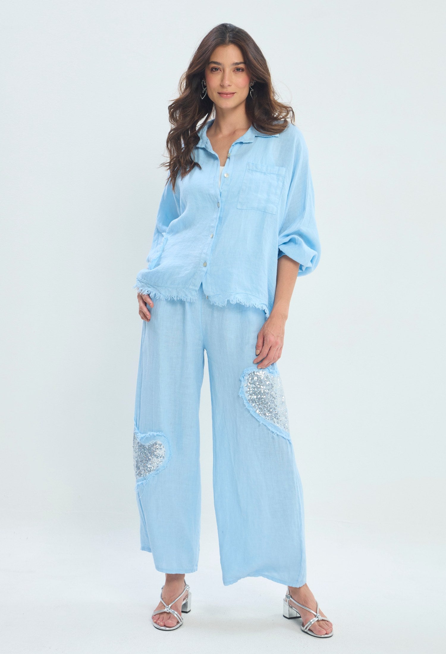 Pantalón Lino Ancho Corazón celeste BYBLA