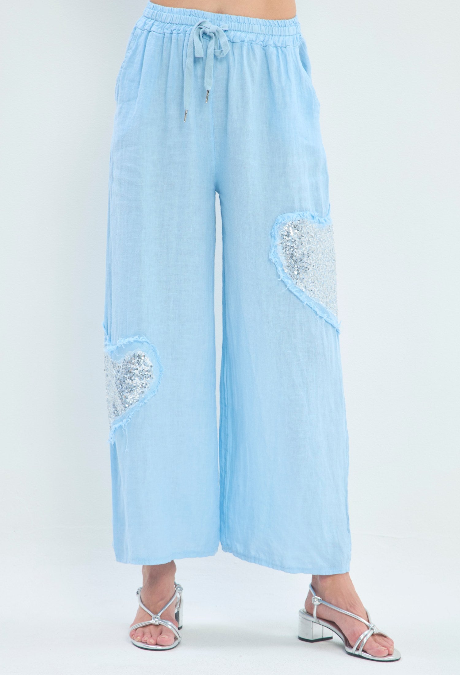 Pantalón Lino Ancho Corazón celeste BYBLA