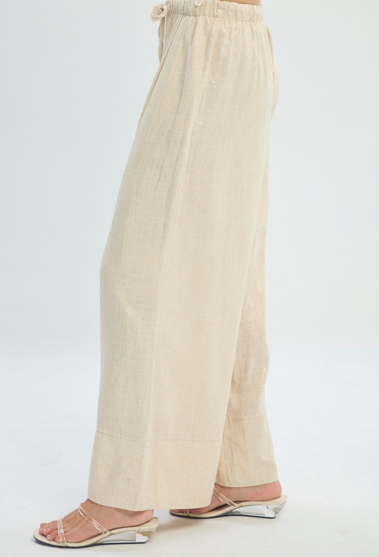 Pantalón palazzo dorado de lino con cordón en la cintura BYBLA - vista 3