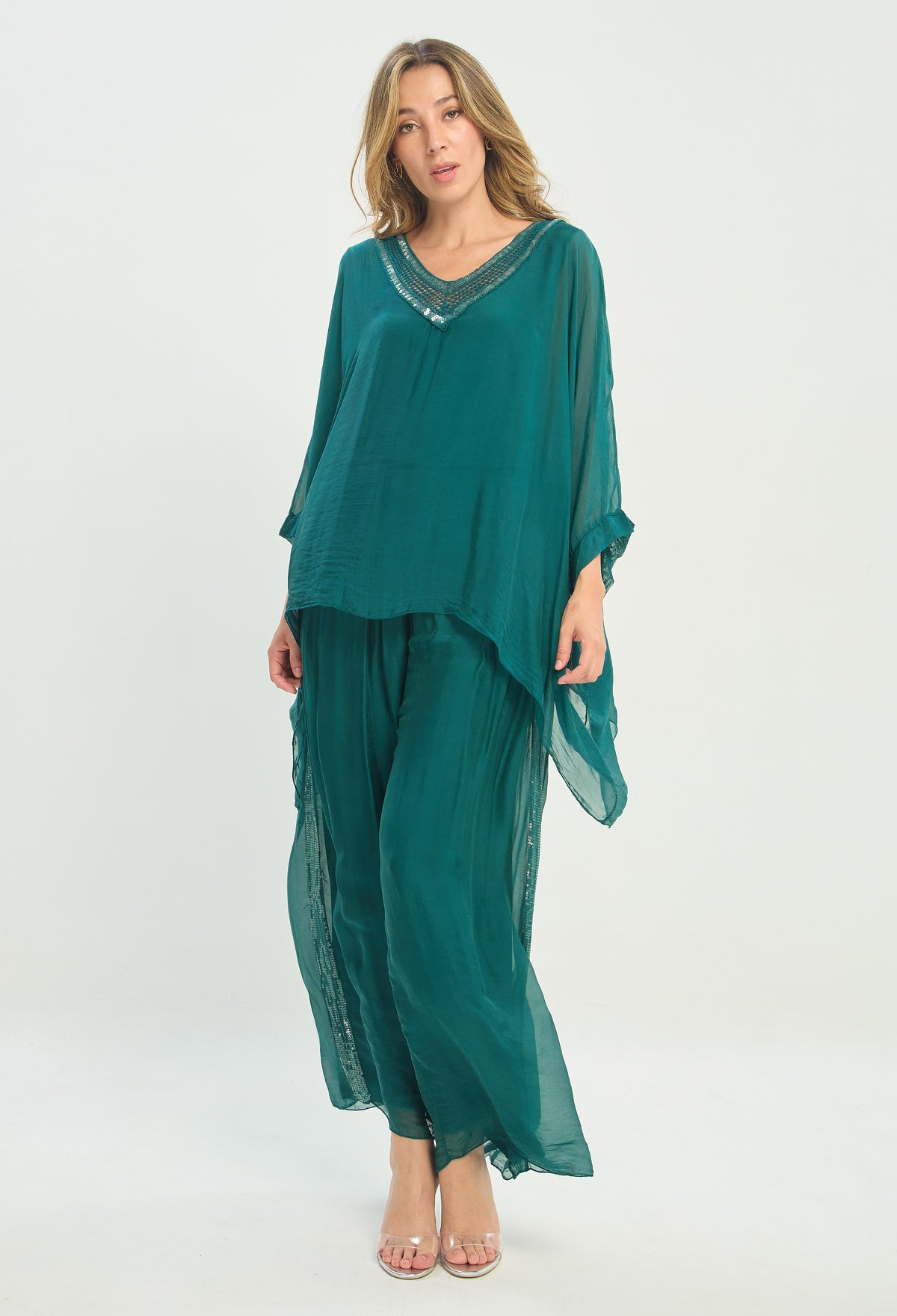 Pantalón Seda Franja de Lentejuelas verde esmeralda BYBLA