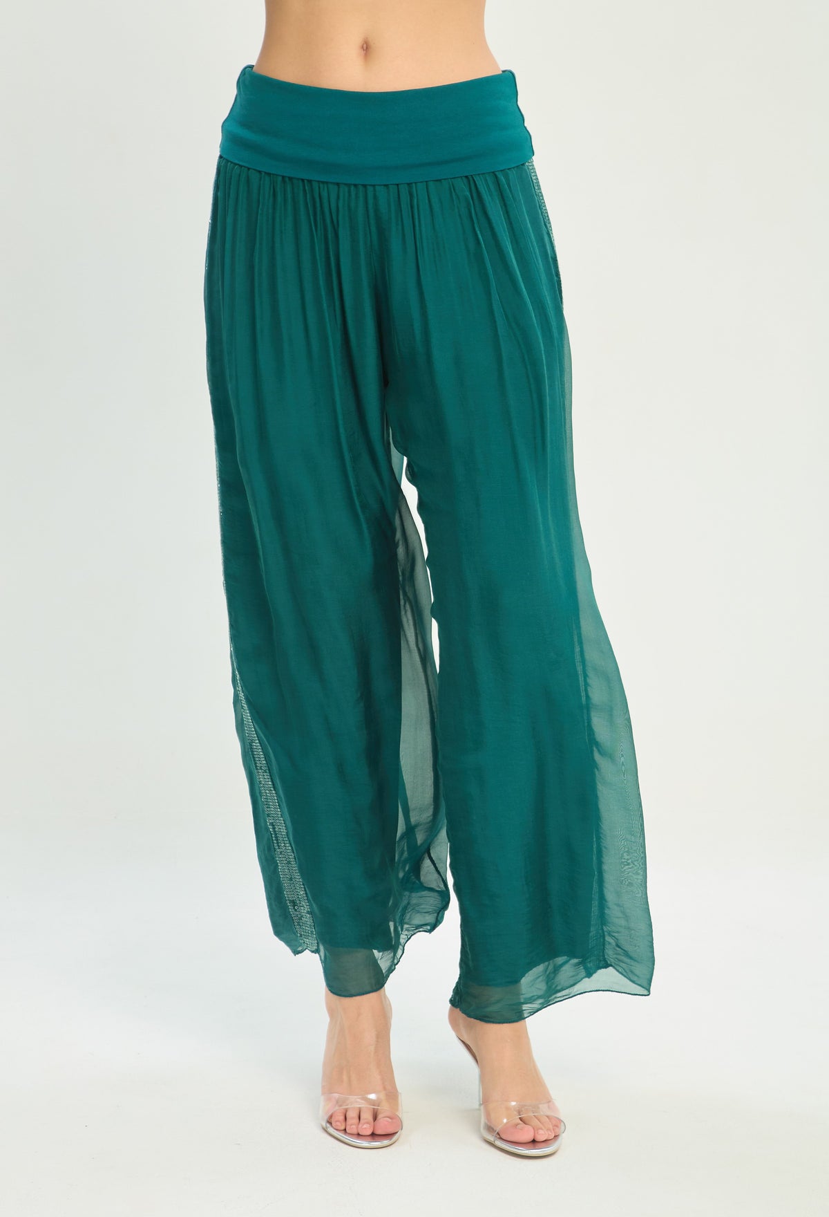 Pantalón Seda Franja de Lentejuelas verde esmeralda BYBLA