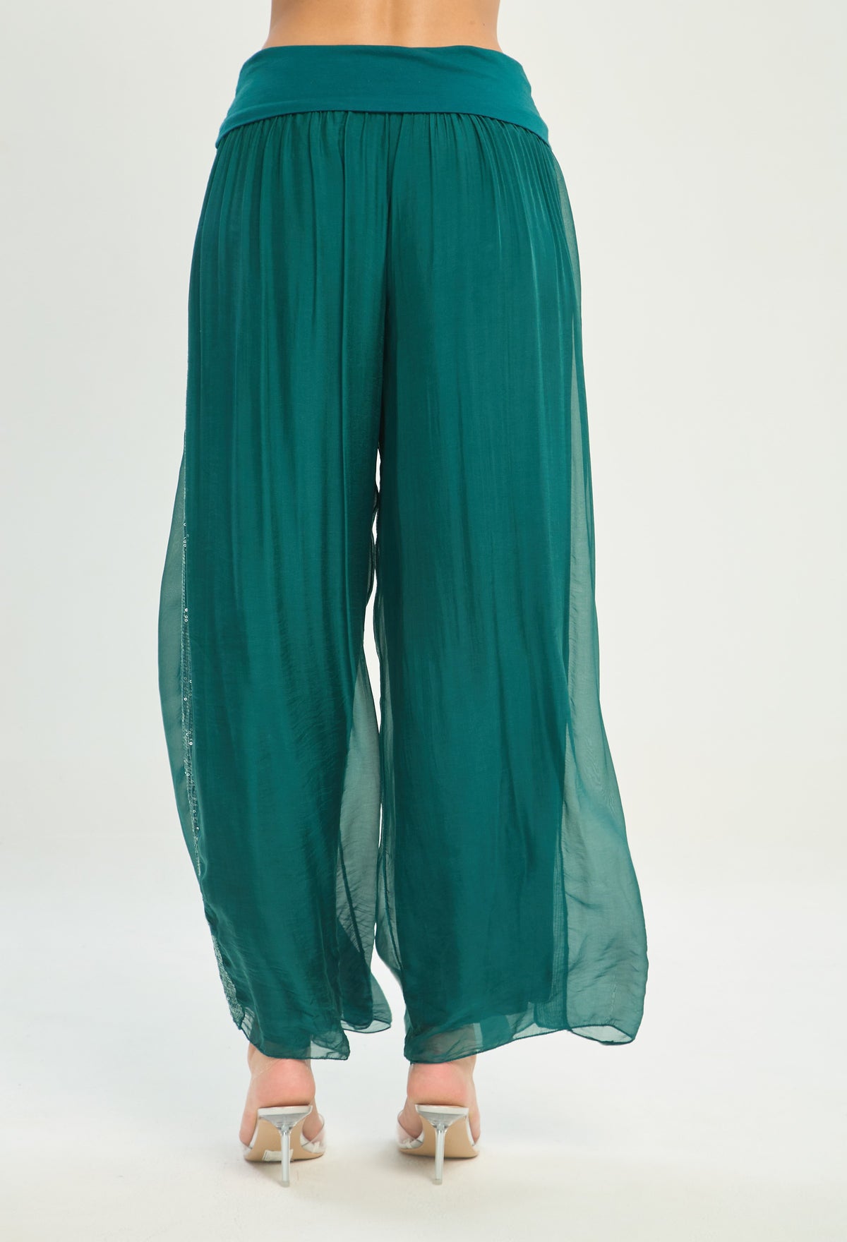 Pantalón Seda Franja de Lentejuelas verde esmeralda BYBLA