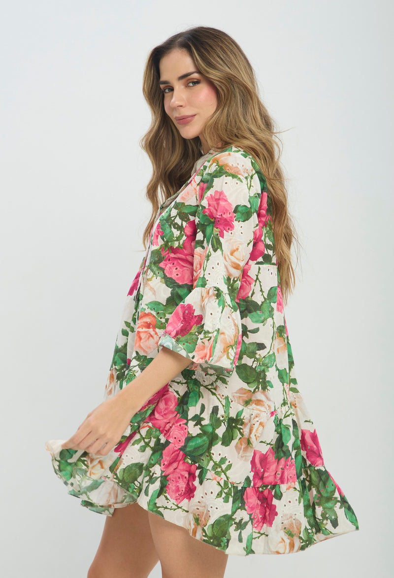 Vestido corto multicolor con estampado de rosas y manga abullonada - vista 2