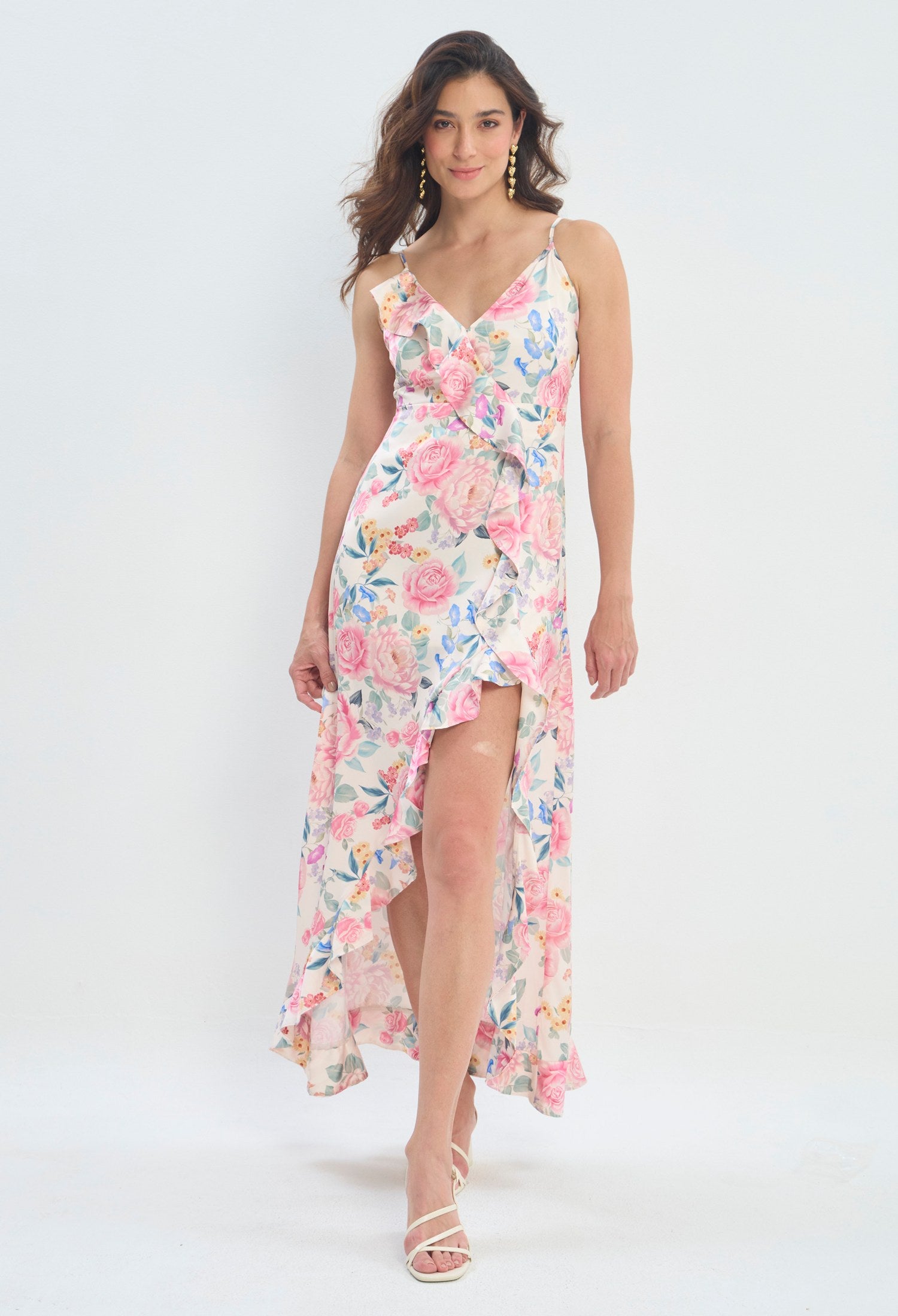 Vestido Largo Floral Asimétrico floral rosa y blanco sale BYBLA
