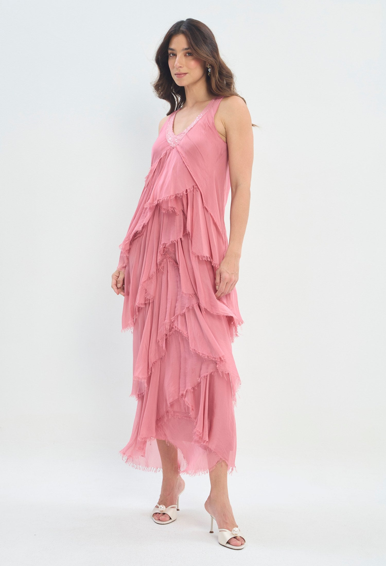 Vestido Largo Volantes Deshilachados rosa coral sale BYBLA