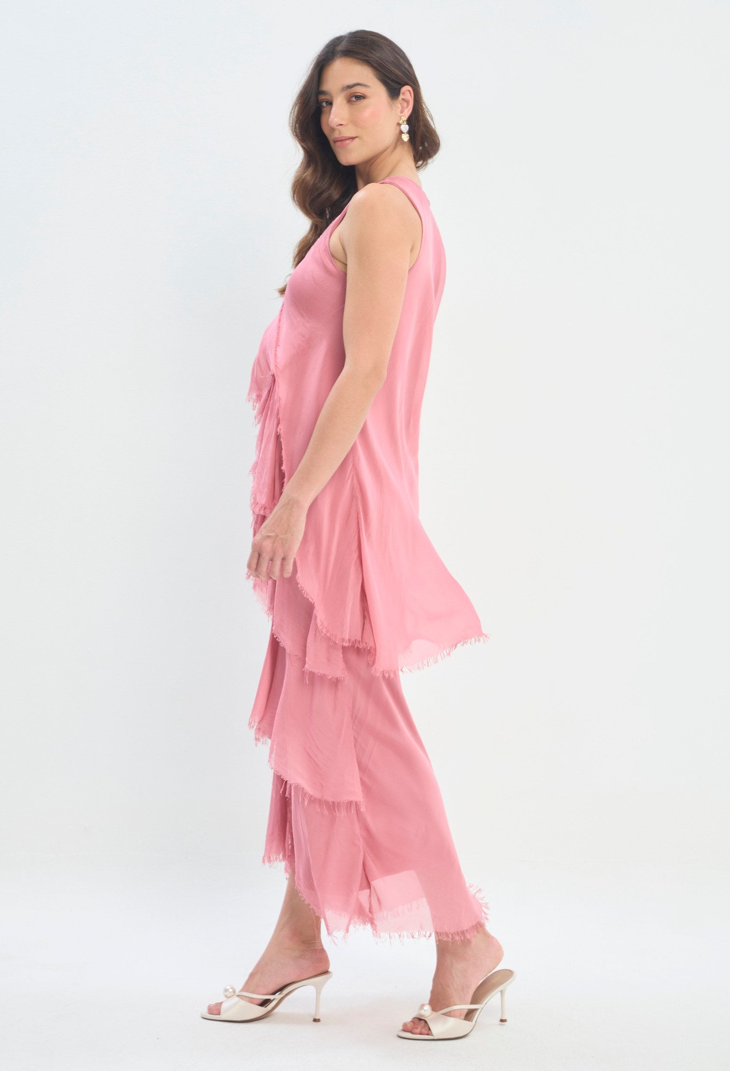 Vestido Largo Volantes Deshilachados rosa coral sale BYBLA