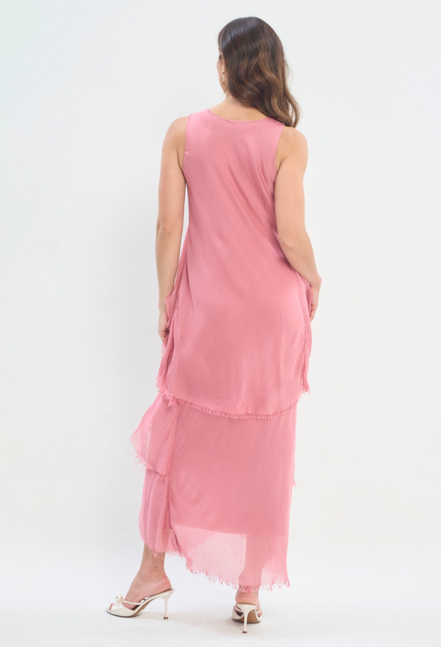 Vestido Largo Volantes Deshilachados rosa coral sale BYBLA