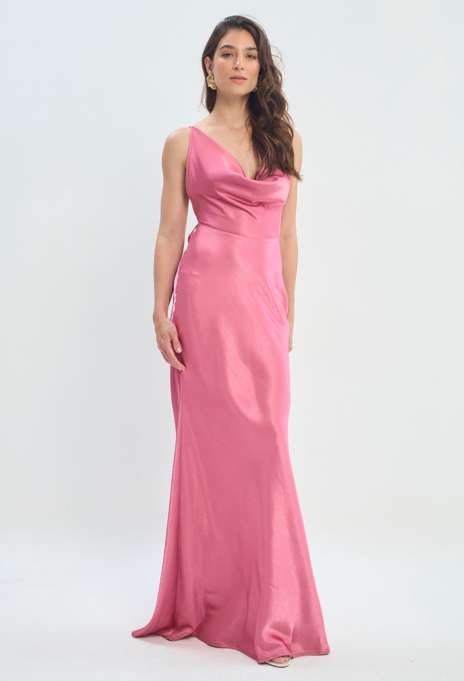 Vestido Largo Satinado Drapeado rosa vibrante sale BYBLA