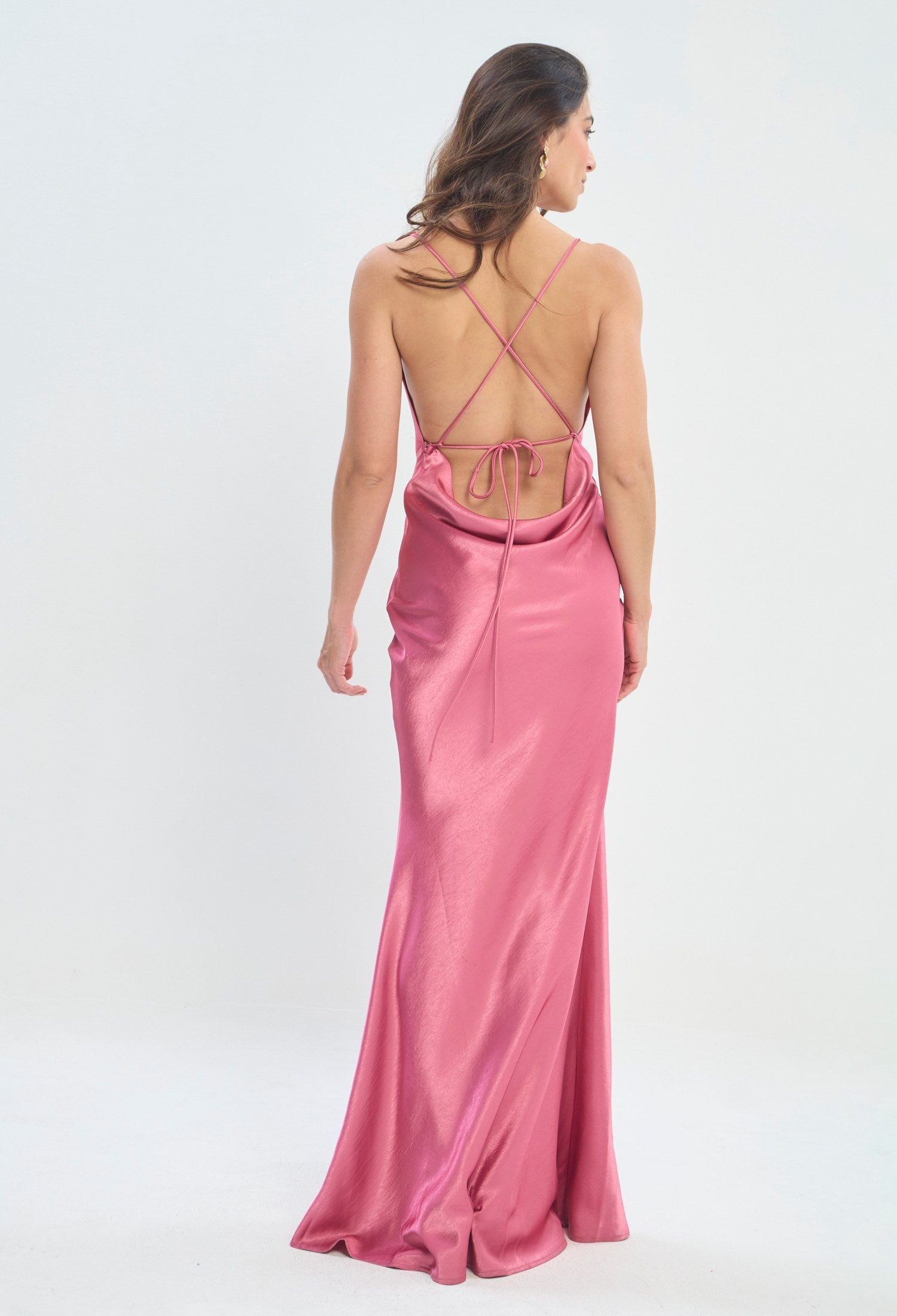 Vestido Largo Satinado Drapeado rosa vibrante sale BYBLA