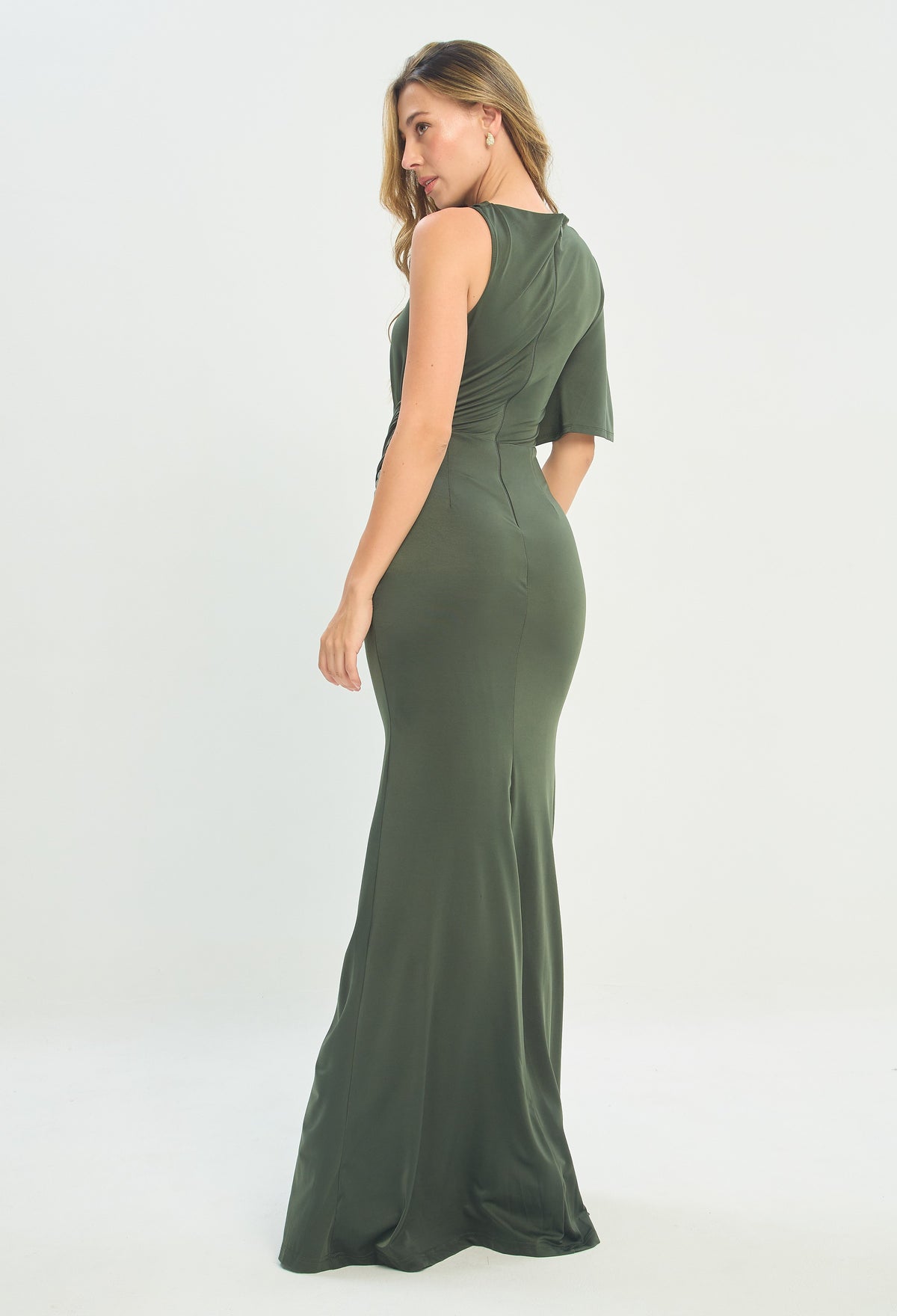Vestido Largo Asimétrico Drapeado Verde Oliva BYBLA - vista 3