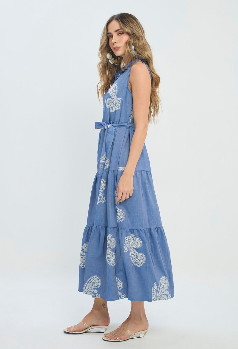 Vestido largo camisero azul con estampado cachemira y cinturón - vista 2