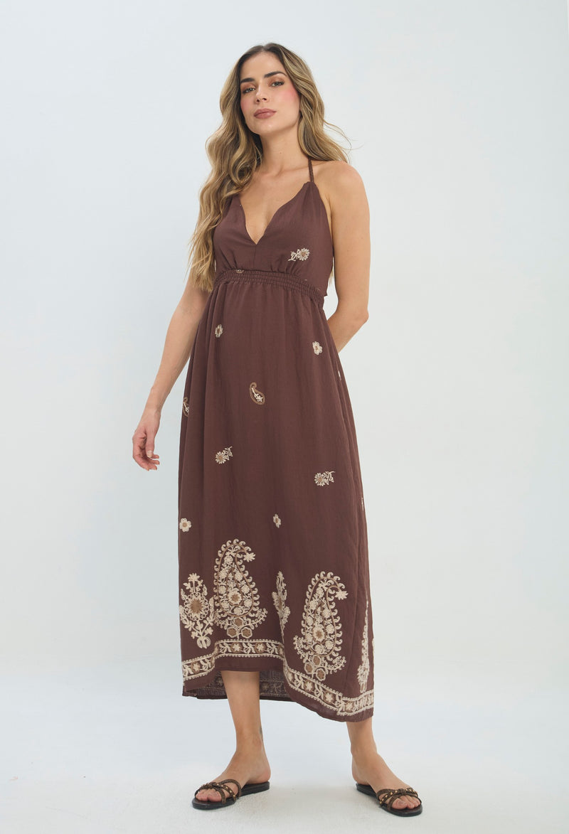 Vestido largo marrón con escote en V y estampado cachemira - vista 2