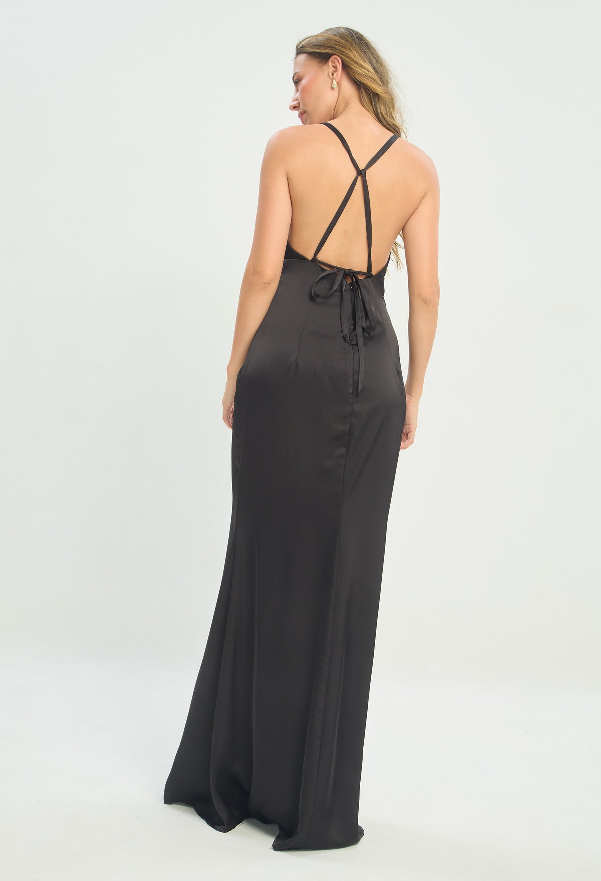 Vestido Largo Escote V Espalda Cruzada Negro BYBLA - vista 3